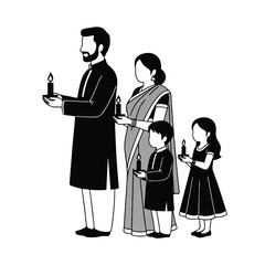 A family of four, two adults and two children, standing in a line holding lit candles in their hands against a plain white background.