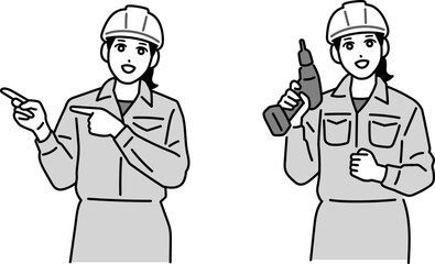 ヘルメットをかぶった作業員の女性のイラスト