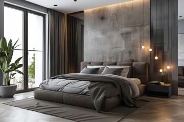 Obraz premium Modern bedroom interior with large bed and plants