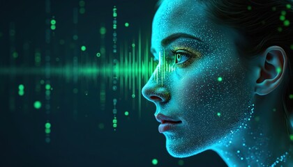 Woman face with digital dots, green lines. Facial recognition technology used to analyze biometric data. Futuristic concept of identity verification, security. AI, machine learning applied to face