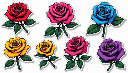 Collection of cartoon roses in red, pink, blue, yellow, and purple. These visual graphics look like stickers with green leaves and dark outlines, perfect for decorative designs and floral elements.