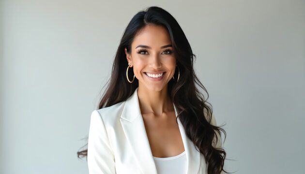 Pro woman smiles confidently wearing white blazer against plain backdrop. Elegant, poised business portrait session indoors. Long dark wavy hair, hoop earrings, looking happy, approachable. - Powered by Adobe