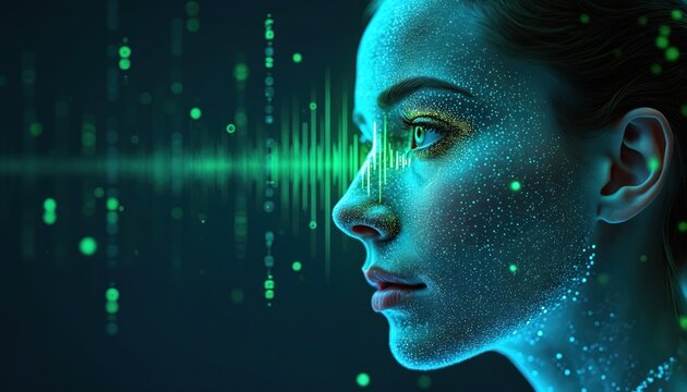 Woman face with digital dots, green lines. Facial recognition technology used to analyze biometric data. Futuristic concept of identity verification, security. AI, machine learning applied to face