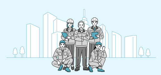 ビルを背にした作業員の男女のビジネスパーソンのイラスト