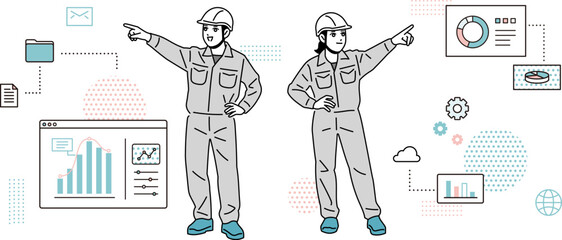 指を指しているヘルメットをかぶった作業員の男女のイラスト