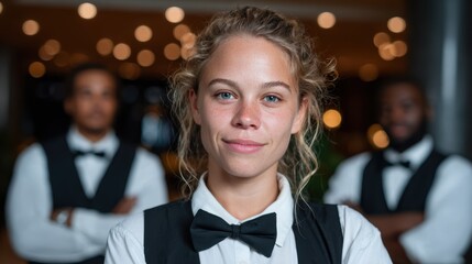 A confident waitress stands proudly in a restaurant environment, showcasing professionalism and service-oriented attitude amidst lively background energy with blurred figures.