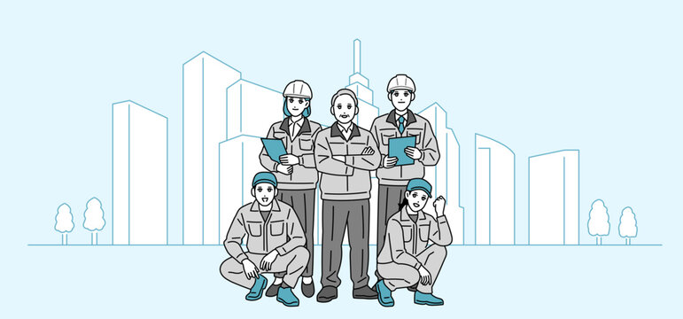ビルを背にした作業員の男女のビジネスパーソンのイラスト