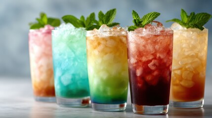 A colorful array of refreshing beverages filled with ice and garnished with fresh mint, perfect for summertime enjoyment and celebratory occasions in vibrant colors.