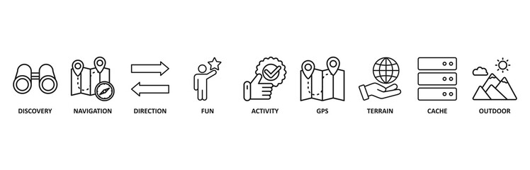 Geocaching banner web icon vector illustration foricon of discovery, navigation, direction, fun, activity, gps, terrain, cache and outdoor