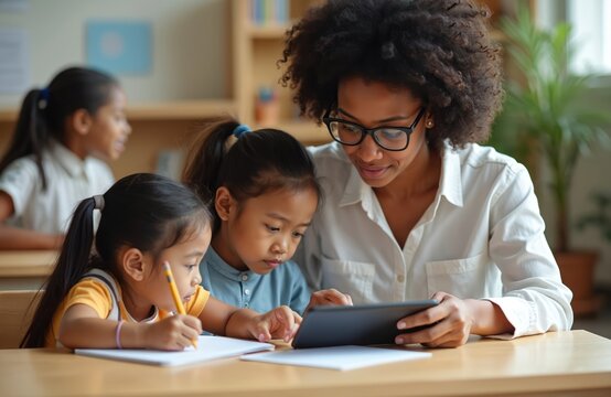 African American teacher works with two diverse elementary school girls. Helps learn using tablet in school classroom. One child writes on paper with pencil. Modern education teaches young students - Powered by Adobe