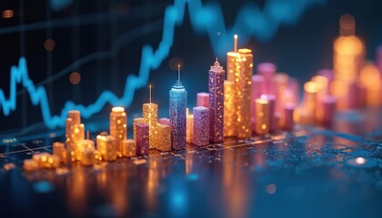 Abstract city skyline composed of sparkling skyscrapers against a background graph. Illuminated buildings represent financial growth. Data analysis concept.