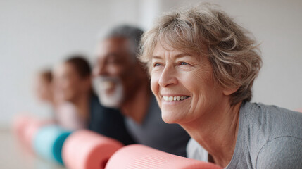 Smiling senior woman enjoys fitness class with diverse group. Represents wellness, healthy aging, community, and active lifestyle. Perfect for health campaigns.
