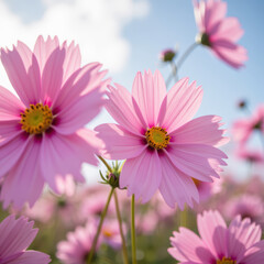 Fototapeta premium Vibrant pink flowers bloom in sunny field, showcasing delicate petals and bright yellow centers, creating cheerful atmosphere
