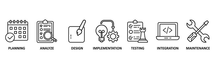 Software development banner web icon vector illustration foricon of planning, analyze, design, implementation, testing, integration, and maintenance