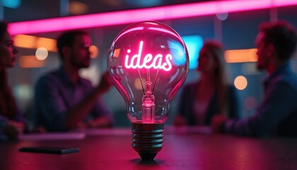 Light bulb with neon text ideas glows. Diverse team brainstorms new concepts at modern office meeting. People generate creative thoughts for project success and business growth.