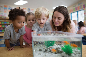 Teacher and kids at preschool mesmerized by goldfish in aquarium. A moment of discovery learning. Ideal for education, childcare, curiosity, innocence themes.