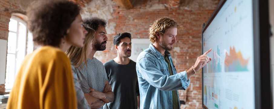 Diverse team analyzes data on a screen in a modern office. Brainstorming and collaboration concept. Shows business growth, strategy. For teamwork, presentation, success.