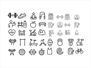 Fototapeta premium Outline Icon Set for Fitness, Gym, Exercise, and Health