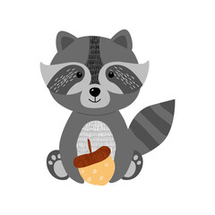 Forest animal raccoon with an acorn in its paws with fashionable textures on a white background