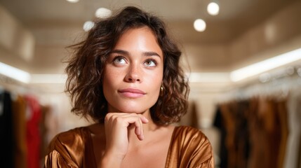 A young woman with curly hair is thoughtfully pondering in a chic boutique, showcasing her fashion sense against a softly lit backdrop filled with elegant clothing.