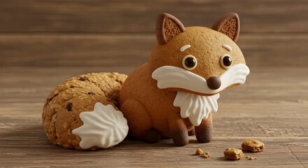 A cute fox made entirely from cookies and biscuits, symbolizing creativity and imagination in food design. Perfect for advertising, editorial, and social media visuals.