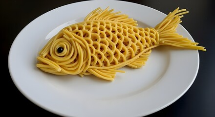 A fish made from different types of pasta noodles, symbolizing creative cooking and imaginative design.