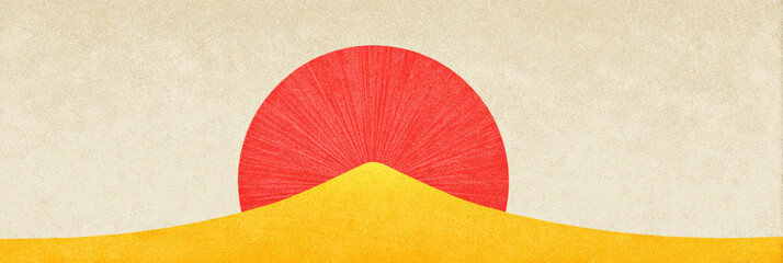 Serene minimalist illustration of red sun at sunrise over mountain landscape. Abstract Japanese art evoking calm, peaceful feeling of nature and travel in Japan