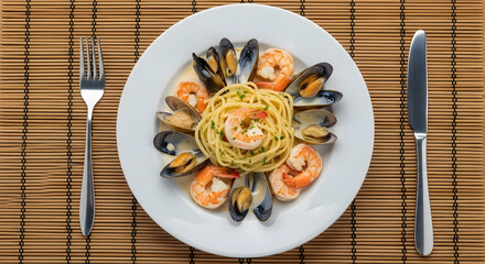 Delicious Seafood Pasta Dish with Mussels and Shrimp.