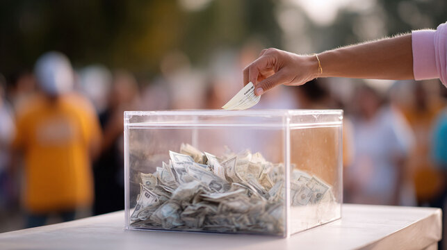 Hand inserting a ticket into a raffle box full of money, representing chance, luck, and opportunity. Evokes feelings of hope. Great for finance, lottery, or contest concepts.