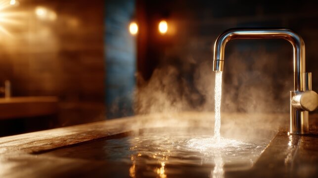 This captivating image showcases a sleek faucet pouring steaming water into a wooden bath, creating a tranquil atmosphere perfect for relaxation and rejuvenation.