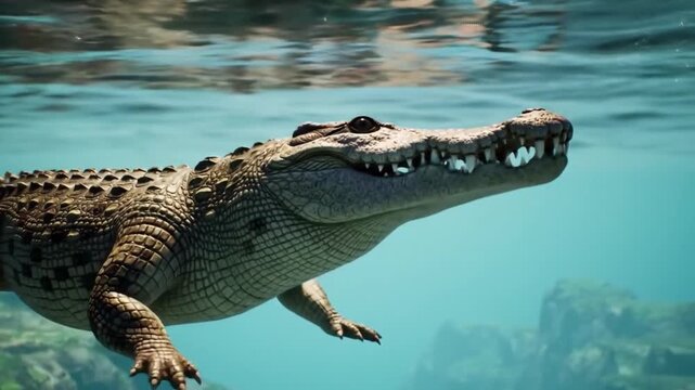 Underwater Predator - A Close-Up of a Crocodile in Clear Water.