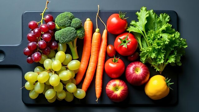 Healthy Lifestyle Concept: Vibrant Assortment of Fresh Fruits and Vegetables on a Dark Board