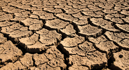Close up of dry cracked earth showing effects of drought and climate change in arid environment