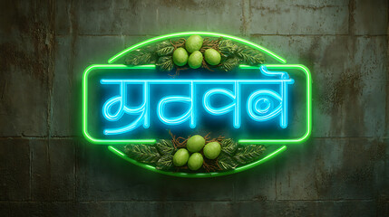 vibrant neon sign with hindi or marathi devanagari script glows bright blue and green