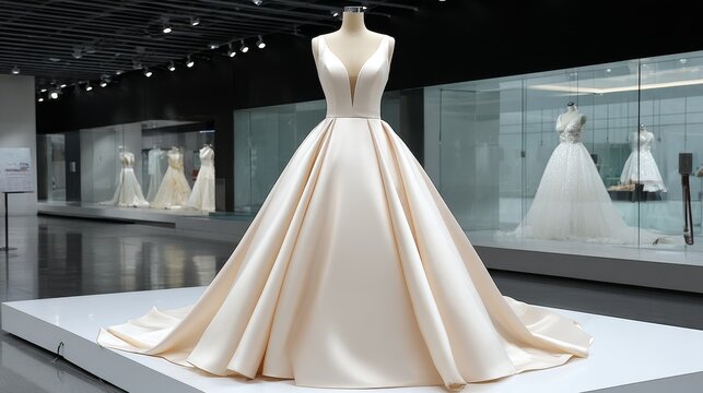 Elegant wedding dress showcase bridal boutique highlighting tailored gowns chic environment intimate viewpoint ceremony inspired