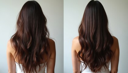 Woman displays hair transformation. Frizzy brown hair becomes smooth shiny and straight. Haircare makes hair healthy and manageable with good shine.