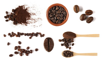 Set coffee beans isolated on white background, top view, design elements