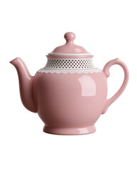Pink teapot with delicate lace design, isolated on white background.