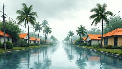 Fototapeta premium Flooded street with houses and palm trees. Water covers road after storm. Cloudy sky over suburban neighborhood after heavy rain. Natural disaster aftermath.