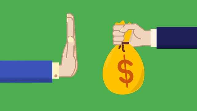 Animated anti-corruption concept with business hand refusing money bag. Bribery prevention symbol. Ethical animated gesture. Honest decision in motion.