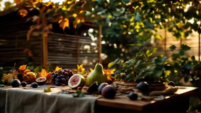 Sukkot celebration with autumn fruits and colorful leaves on a wooden table in a natural setting