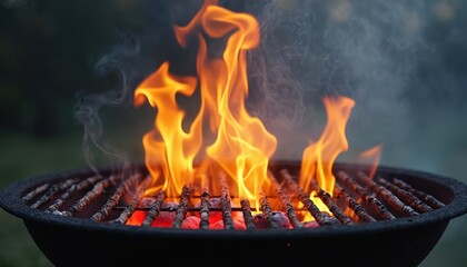 Barbecue grill with bright orange fire flames and smoke rising. Empty metal grate above glowing hot coals. Outdoor cooking, backyard party fun, summer meal preparation.