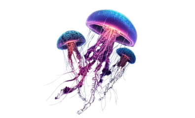 Three bioluminescent jellyfish in neon colors isolated on a transparent background