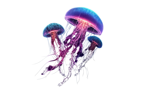 Three bioluminescent jellyfish in neon colors isolated on a transparent background