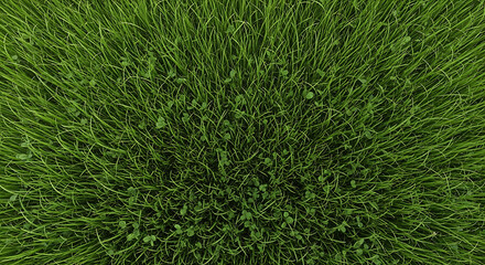 A top down view of lush green grass with small clover plants scattered throughout the field area shown here