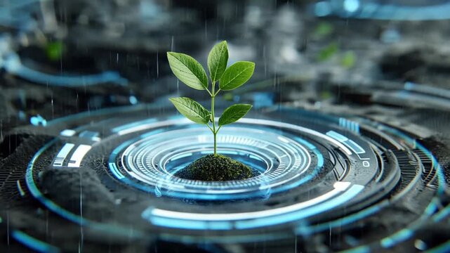 Emerging Plant Technology: A vibrant green seedling bursts forth from the soil, cradled by intricate circuits, symbolizing innovation, growth.