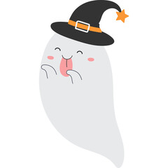 Cute cartoon ghost wearing a black witch hat with an orange star and buckle sticking out its tongue with rosy cheeks and small arms on a white background suitable for halloween celebrations
