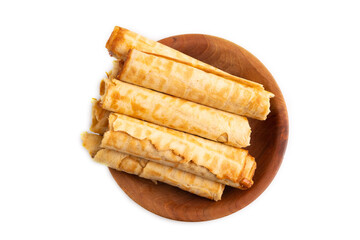 Waffles with caramel isolated on white, top view, close up