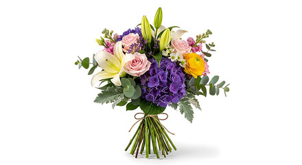 A colorful bouquet of flowers including lilies roses hydrangeas and other assorted flowers on white