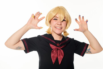 Young Woman Emulating Anime Character in a playful Manner